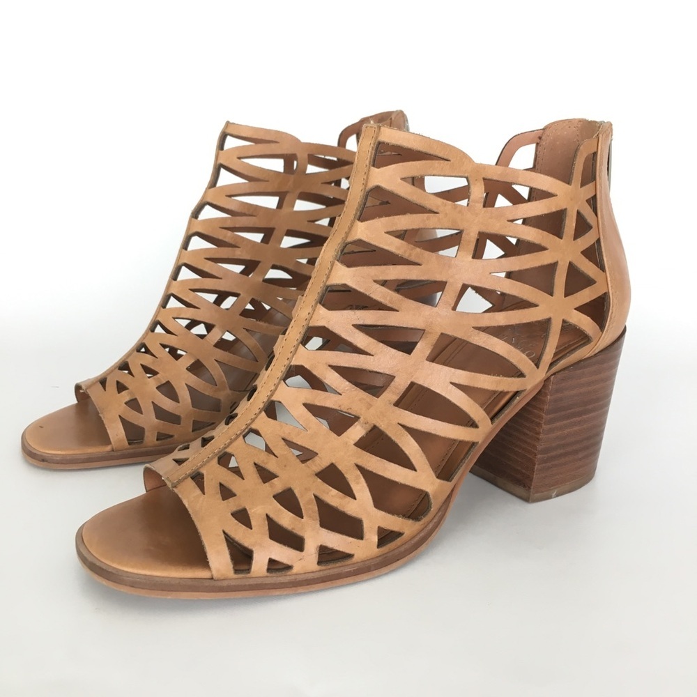 Vince Camuto Kevston Strappy Block-heel Sandals, Intricate Cutouts Brown Leather - Picture 4 of 11